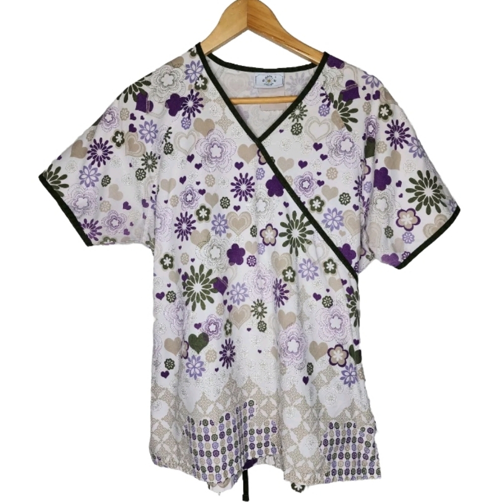 Happy Scrubs Floral and Heart Print Scrub Top in White and Purple